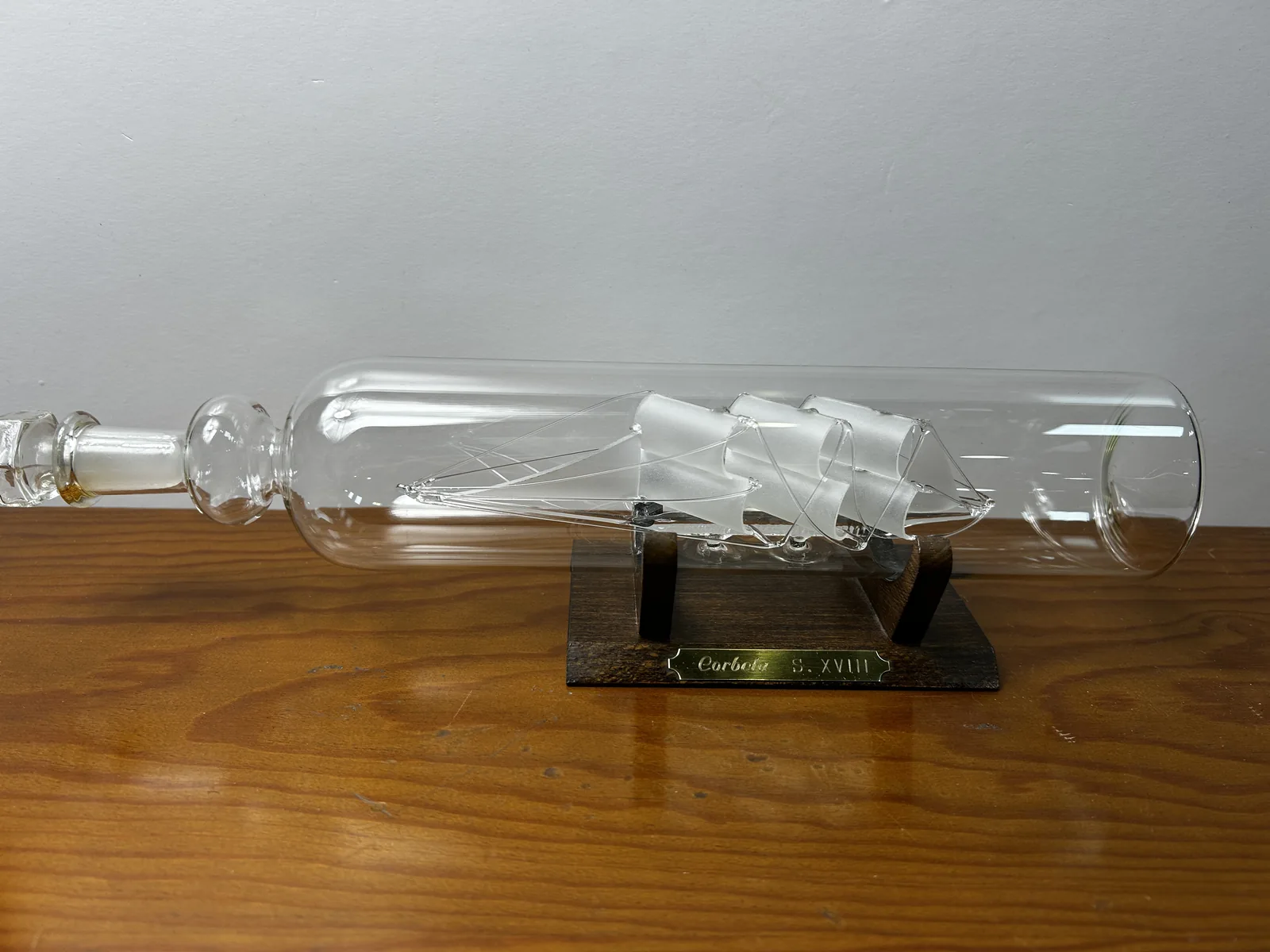 Barco en Botella Cristal Soplado Base Madera