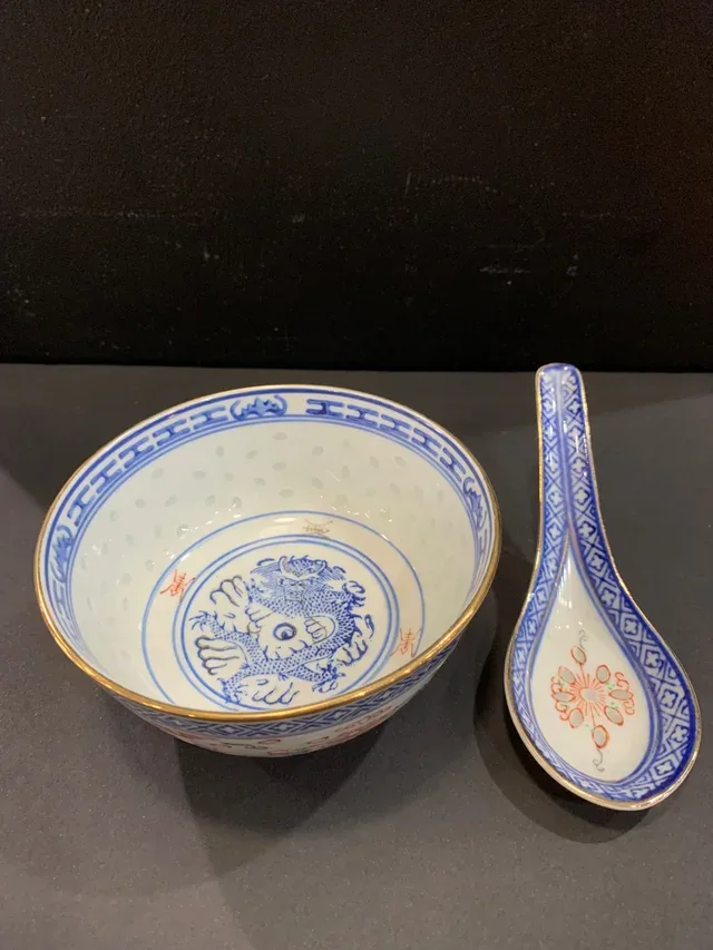 Cuenco y Cuchara Porcelana China Grano Arroz - Imagen 5