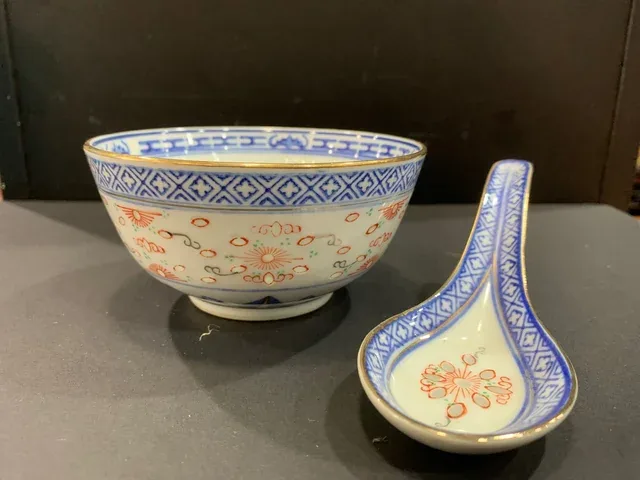 Cuenco y Cuchara Porcelana China Grano Arroz - Imagen 7